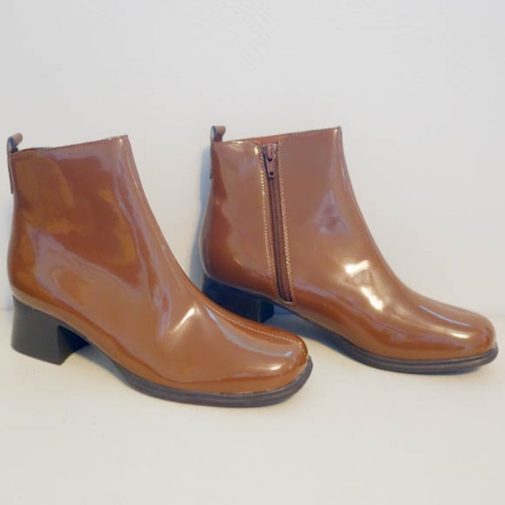 AJ Valenci Patent Leather Ankle Boots Tan Size 7